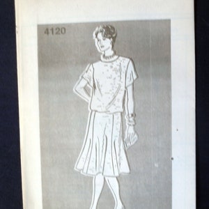 May include: Vintage sewing pattern featuring a line drawing of a two-piece outfit. The illustration shows a short-sleeved top and a skirt. The pattern number is 4120, with size options (12-14-16-18) and (20-22-24-26). The image is on a white paper.