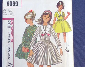 1965 Flared Dress Vintage Pattern, Simplicity 6069, Girls Size 10.5, Breast 31