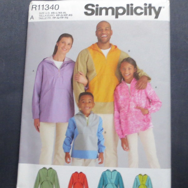 Family Top with Hood for Children, Teens, Adults, Uncut Sewing Pattern, Simplicity 11340, Size XS-XL