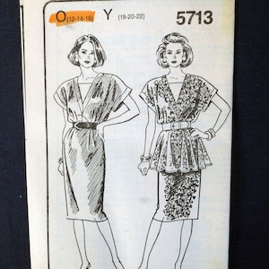 May include: A vintage sewing pattern featuring two dress designs. The illustration shows a V-neck dress with a belt and a peplum dress with floral detailing. The pattern number is 5713, with size options O (12-14-16) and Y (18-20-22).