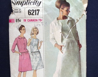 1965 Two-Piece Dress & Jacket Designer Vintage Pattern, Simplicity 6217, Size 14, Bust 34