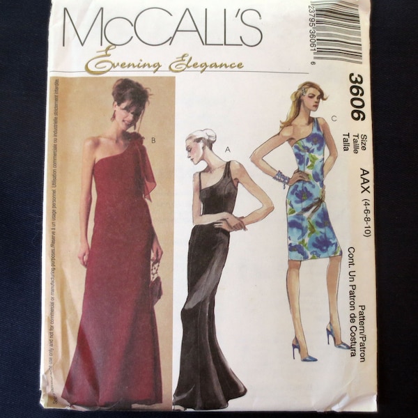 2002 One Shoulder Formal Dress Uncut Vintage Sewing Pattern, Evening Elegance, McCalls 3606, Size 4, 6, 8, 10
