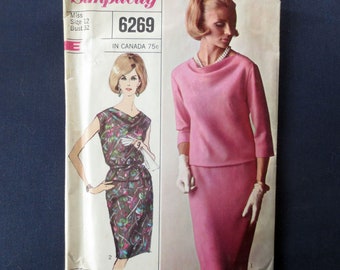 1965 Two-Piece Designer Dress Vintage Pattern, Simplicity 6269, Size 12, Bust 32