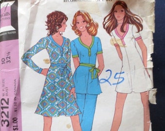 1972 Dress or Tunic & Pants Vintage Pattern, McCalls 3212, Size 10, Bust 32.5