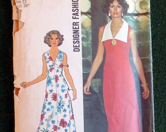1974 Designer Maxi Long Dress Uncut Vintage Pattern, Simplicity 6344, Size 12, Bust 34