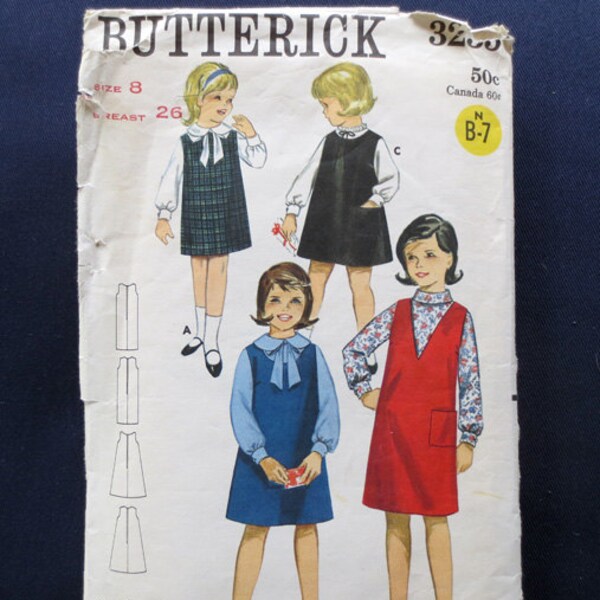 1960s Girls School Jumper Vintage Pattern, Butterick 3235, Size 8, Breast 26