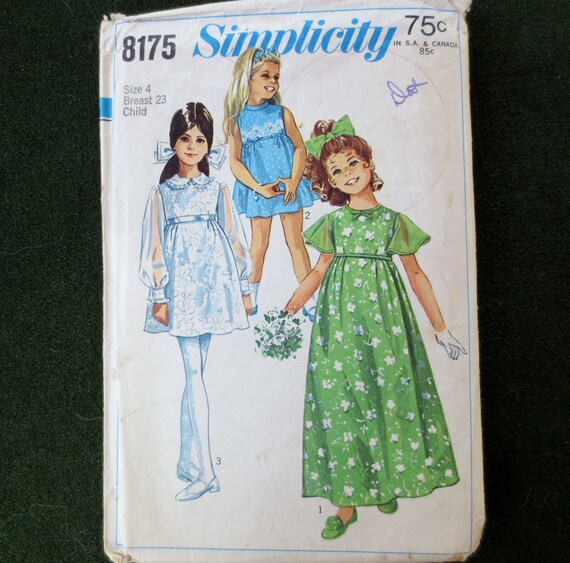 Size 5 Breast 24 Simplicity 6183 1973 Girls Short Sleeve Dress Vintage Pattern