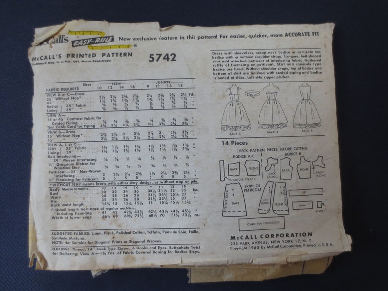 1960 Strapless or Sleeveless Flared Dress Vintage Pattern McCalls 5742 Bust 33 Size 13