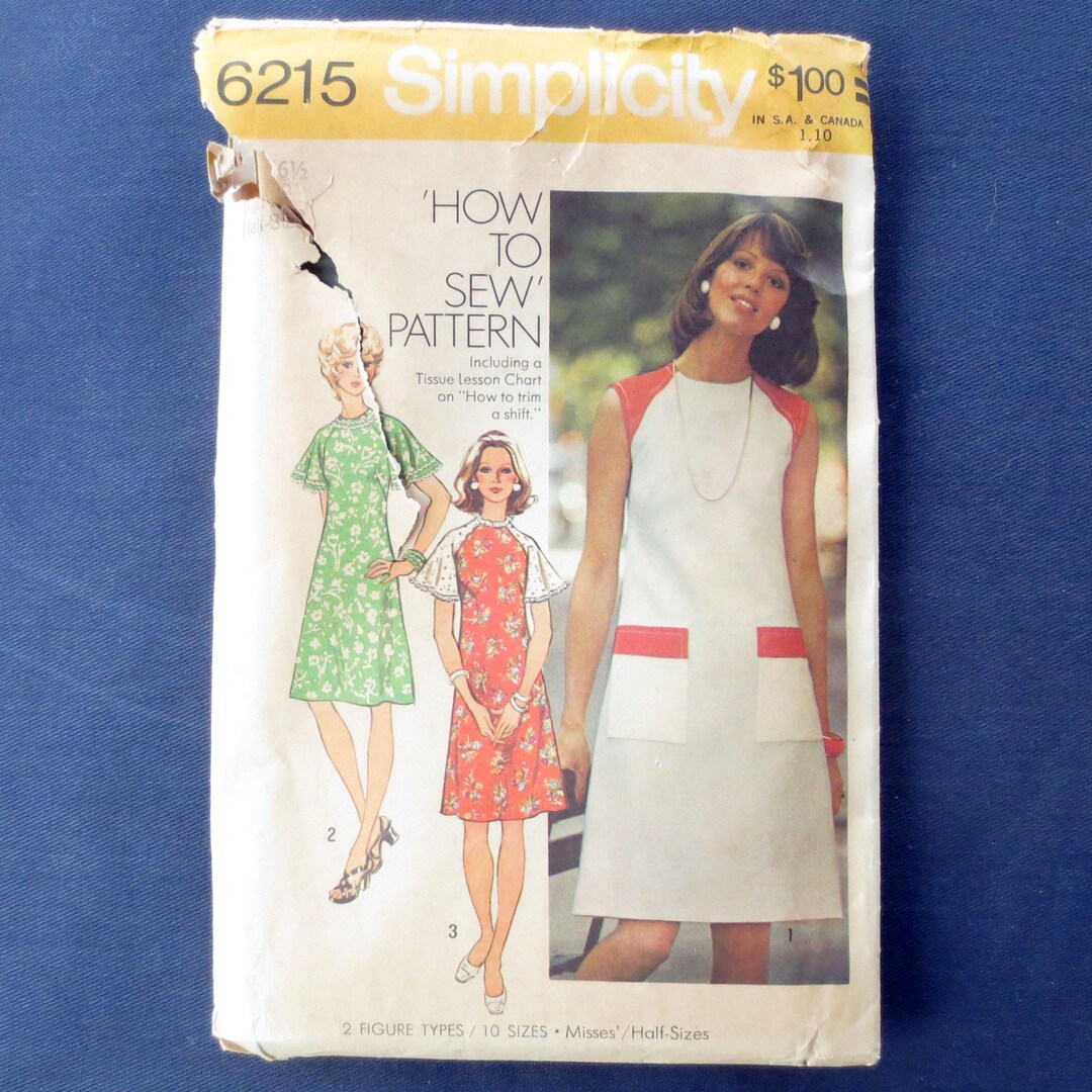 1974 Dress With Flutter Sleeves Vintage Pattern, Simplicity 6215, Size ...