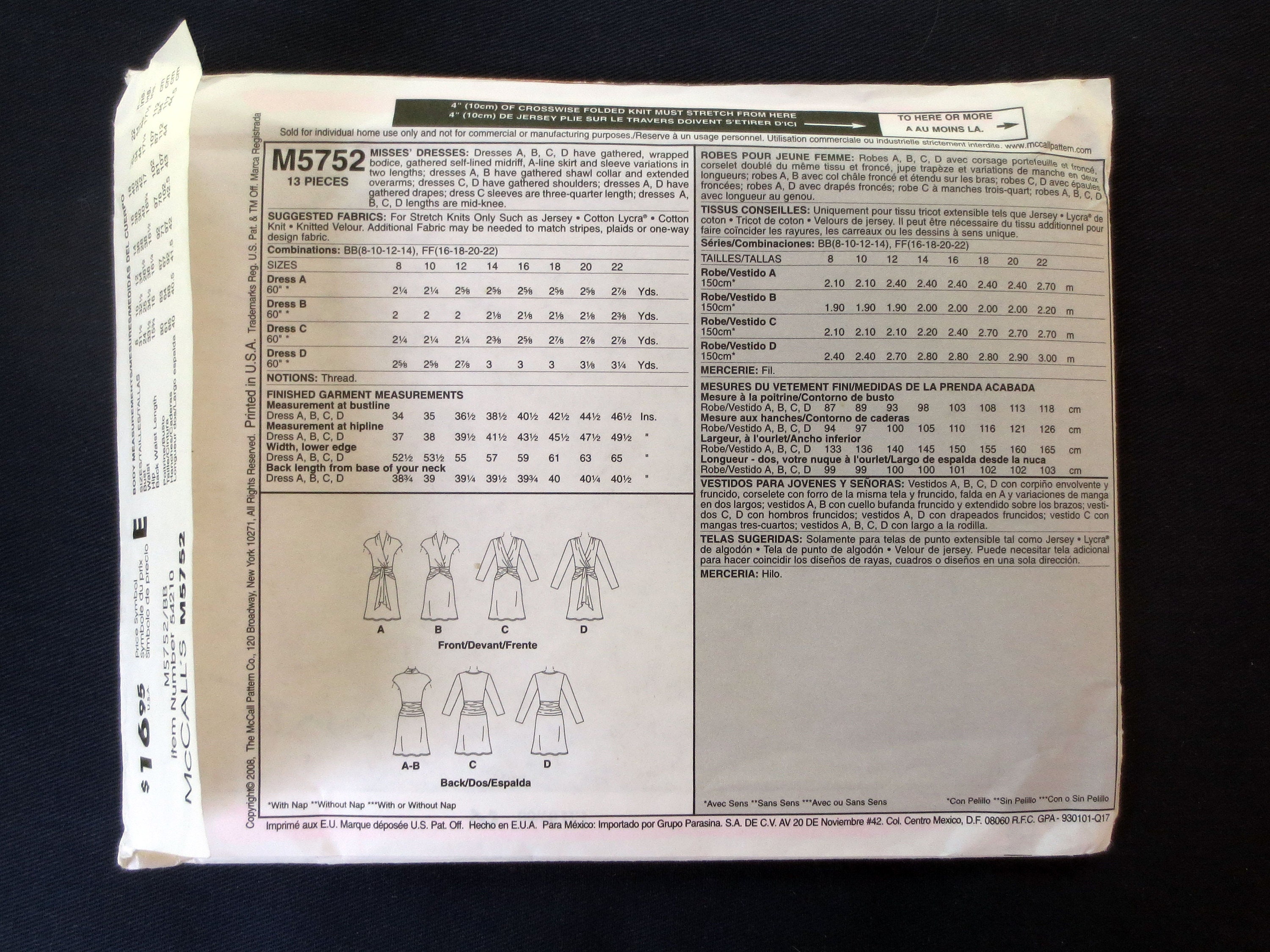 Knit Dress Uncut Sewing Pattern, Mccalls 5752, Size 8, 10, 12, 14 - Etsy