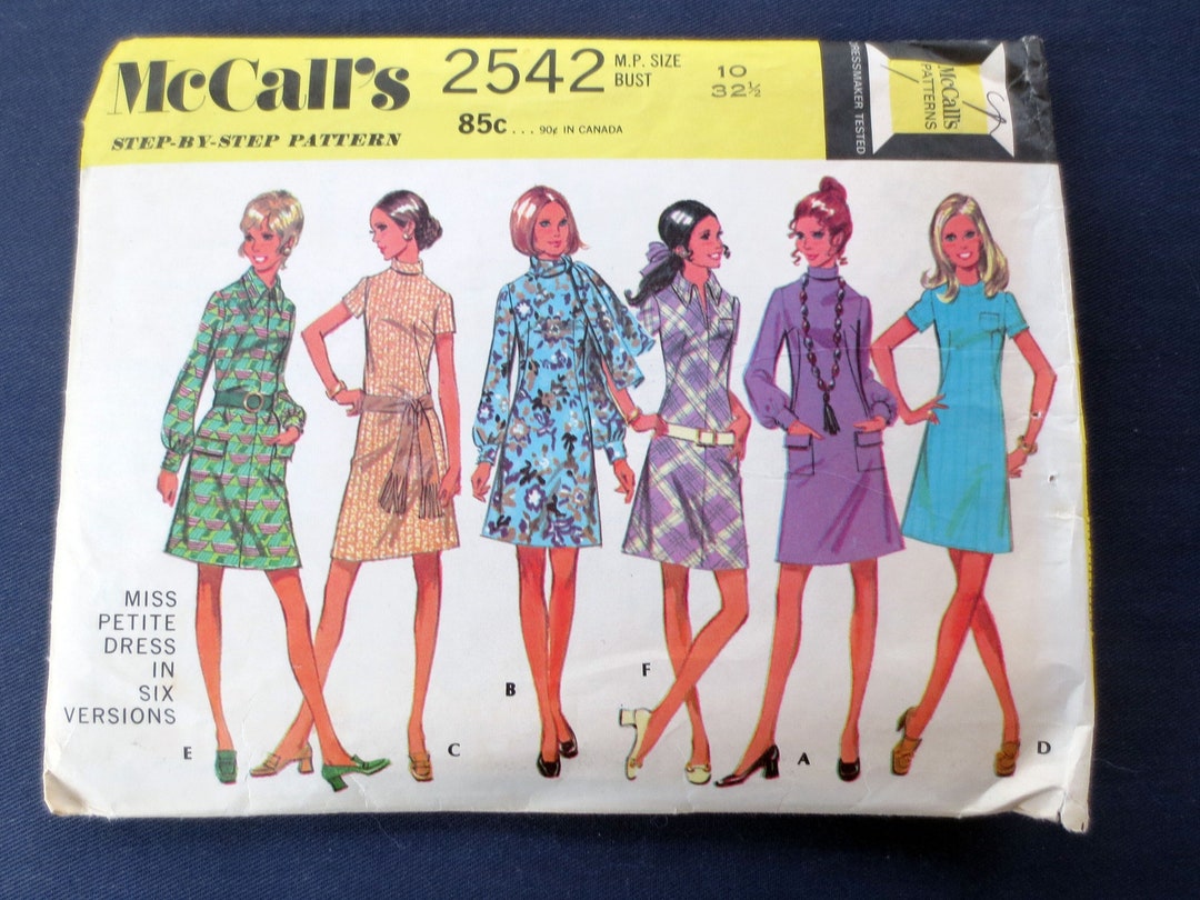 1970 Dress Vintage Sewing Pattern, Mccalls 2542, Size 10, Bust 32 1/2 ...