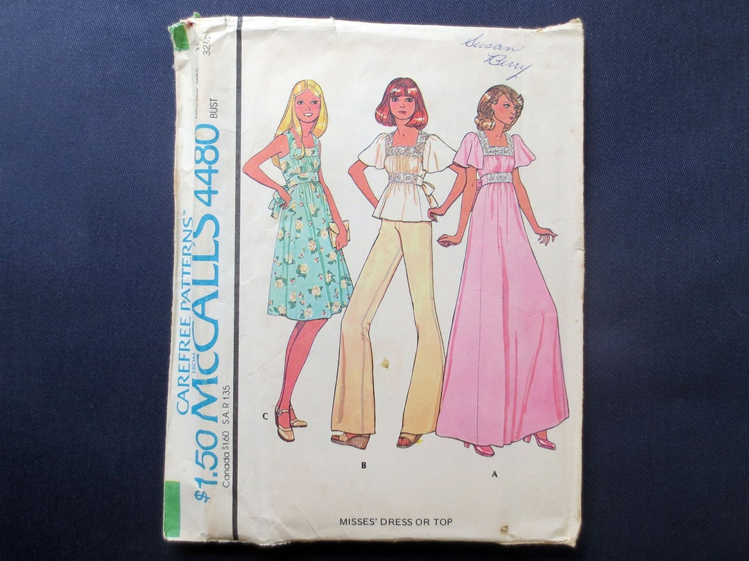 1975 Dress or Top Vintage Sewing Pattern, Mccalls 4480, Size 10, Bust