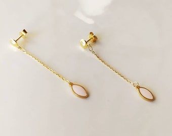 Chain stud earrings 14k solid gold, pink drop