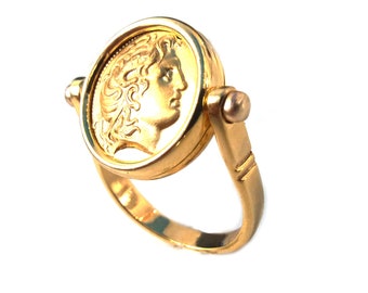 Alexander the Great Flip Coin, Goddess Athena Back Side Gold Ring 14 K 336 B.C