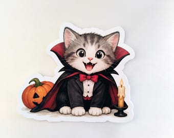 Vampire Kitty Sticker: Water Resistant, Glossy Halloween Cat Art