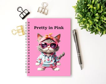 Cuaderno espiral humorístico con un lindo gato rosa en la portada, 5 x 7 pulgadas, páginas rayadas.