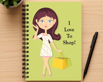 Cuaderno espiral con una chica comprando en la portada, 5 x 7 pulgadas, páginas rayadas