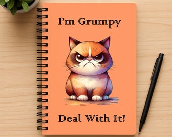 Cuaderno espiral humorístico con un gato naranja gruñón en la portada, 5 x 7 pulgadas, páginas rayadas