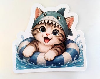 Kitty In A Shark Costume On Blue Inner Tube, Water Resistant
