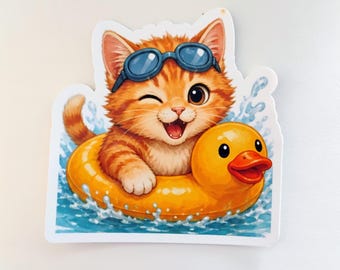 Orange Kitty In Ducky Inner Tube, Water Resistant