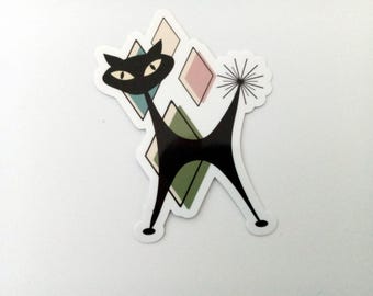 Mid-century Atomic Cat Sticker, Starburst Tail, Water Resistant Vinyl Sticker, 2 1/2 x 3 1/4 Inch Laminated Cat Sticker