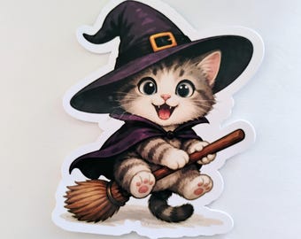 Witch Kitty Sticker: Water Resistant, Glossy Halloween Cat Art (3.25" x 3.75")