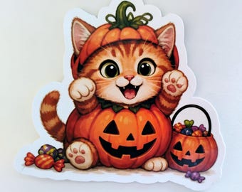 Pumpkin Kitty Halloween Sticker: Glossy, Water-Resistant Laptop Decal