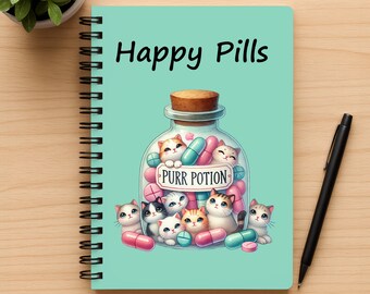 Cuaderno espiral, divertido cuaderno de pastillas de la felicidad con diseño de gato, 5 x 7 pulgadas, páginas rayadas