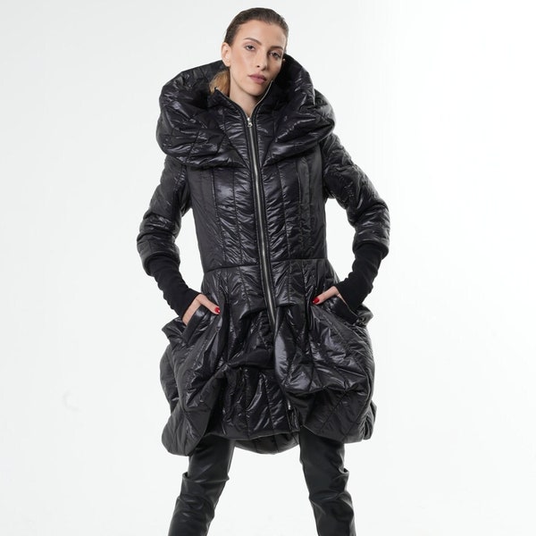Extravagant Puffy Coat/Black Dress Coat/Oversize Collar Coat/Black Shiny Jacket/Maxi Coat with Pockets/Long Sleeve Zipper Coat METC0076