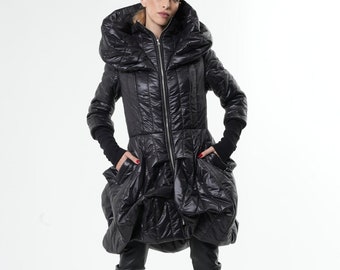 Extravagant Puffy Coat/Black Dress Coat/Oversize Collar Coat/Black Shiny Jacket/Maxi Coat with Pockets/Long Sleeve Zipper Coat METC0076