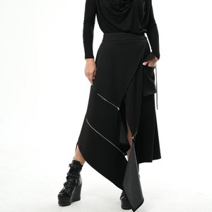 NEW Asymmetrical Skirt / Long Black Skirt / Extravagant Oversize Skirt / Black Maxi Skirt / Elastic Waist Skirt / Skirt with Zippers