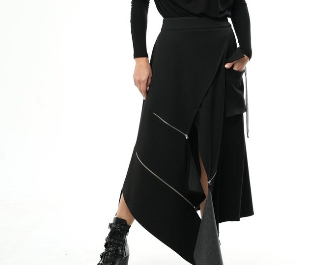 NEW Asymmetrical Skirt / Long Black Skirt / Extravagant Oversize Skirt / Black Maxi Skirt / Elastic Waist Skirt / Skirt with Zippers