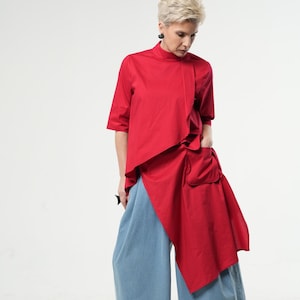 Red Cotton Shirt / Asymmetric Plus Size Tunic / Oversize Summer Top / Red Mockneck Shirt by METAMORPHOZA