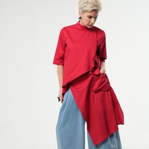 Red Cotton Shirt / Asymmetric Plus Size Tunic / Oversize Summer Top / Red Mockneck Shirt by METAMORPHOZA METSh0002