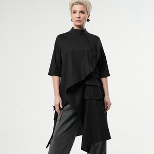 Asymmetric Tunic Shirt / Black Tunic Top With Draping / Long Cotton Blouse With  Front METSh0002