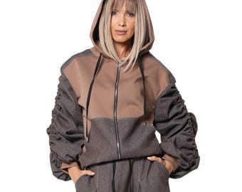 Brown Denim Jacket with Gathered Sleeves and Drawstring Hood METC0121