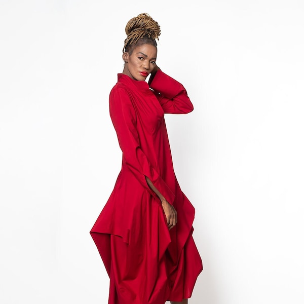 Rotes Oversize Shirt Kleid / Valentinstag Geschenk für Sie / Langes Rotes Kleid / Asymmetrisches Kragen Kleid / Geschenk für Freundin / Valentinstag