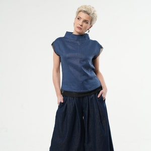Blue Linen Top / Turtleneck Shortsleeve Blouse / Summer Linen Top / High Quality Handmade Clothing METT0258 image 1