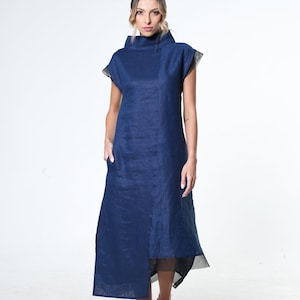 Blue Linen Dress / Asymmetric Linen Dress / Blue Formal Dress / Natural Linen Dress / Linen Clothing  METD0219