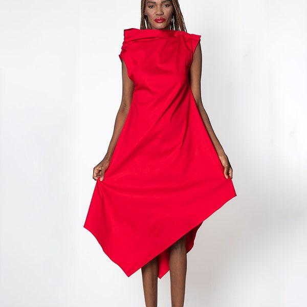 Vestido bohemio rojo / Vestido de fiesta / Vestido rojo de algodón / Vestido asimétrico / Vestido sexy para mujer / Vestido de San Valentín para mujer METD0083
