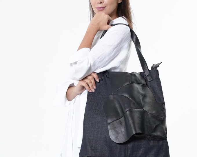 Denim and Leather Handbag / 2in1 Crossbody / Designer Tote Bag METB0054