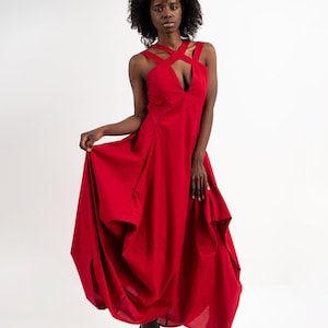 Long Elegant Red Dress / Asymmetric Draped Dress With Straps METD0190