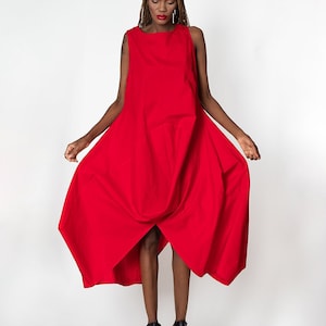 Red Loose Cotton Dress / Birthday Dress Women / Engagement Dress / Asymmetrical Dress  METD0081
