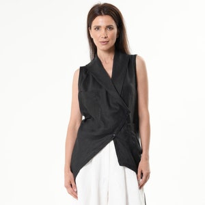 Black Linen Top / Asymmetrical Linen Vest - METT0260