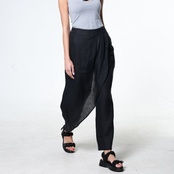 Linen Palazzo Pants with Asymmetrical Legs