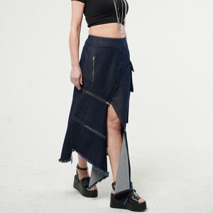 Avant-Garde Denim Skirt / Raw Hem Jeans Skirt / Asymmetric Long Skirt With Zippers METSk0045