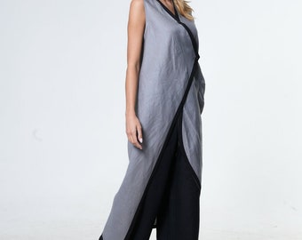 Asymmetrical Sleeveless Linen Tunic Top METT0248