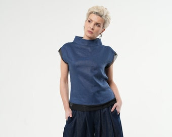 Blue Linen Top / Turtleneck Shortsleeve Blouse / Summer Linen Top / High Quality Handmade Clothing