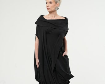 Vestido caftán de algodón / Vestido negro de gran tamaño / Caftán negro holgado METD0217