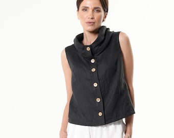 Buttoned Sleeveless Linen Top In Black - METT0259